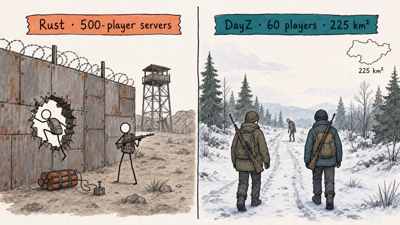 Two hostile scenes: Rust raiders breaching a base and armed DayZ survivors crossing zombie territory.