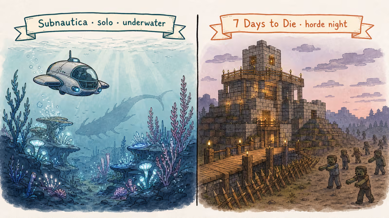 Two contrasting biomes: Subnautica leviathan beneath glowing reef and 7 Days fortress under zombie horde.