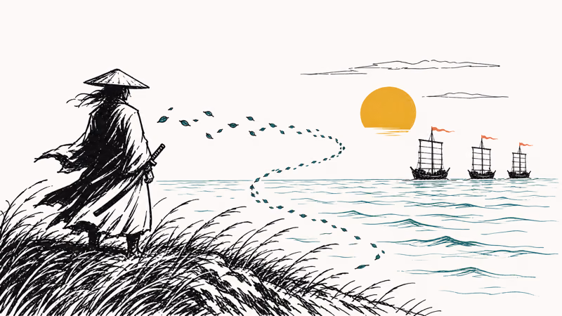Samurai on cliff with wind grass trail and distant Mongol fleet.