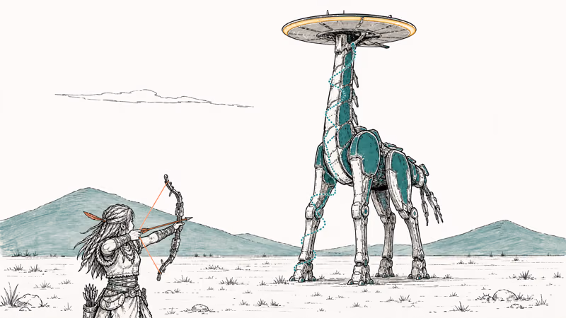 Red-haired archer aiming at giant Tallneck robot with visible climb path.