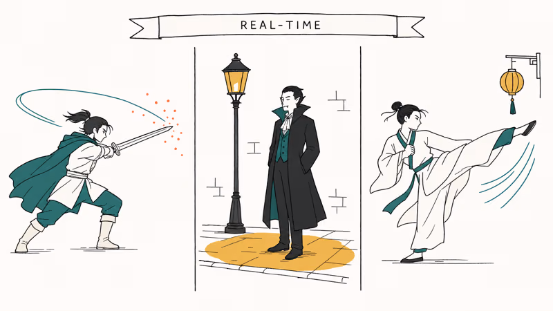 Three-panel scene with swordsman vampire and martial artist archetypes