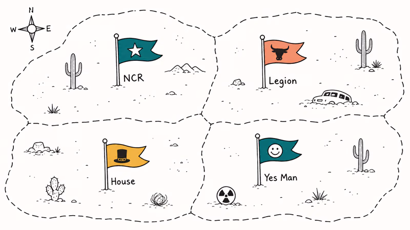 Top-down wasteland map with four faction zones and campaign banners