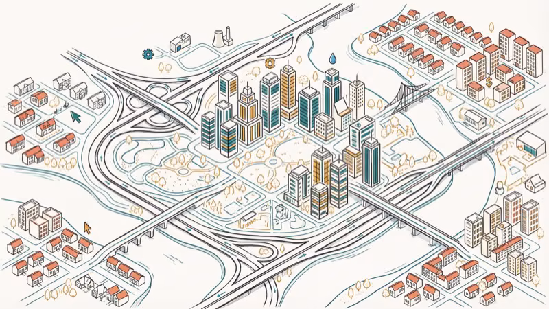 Bird's-eye view of a sprawling city with highways and districts