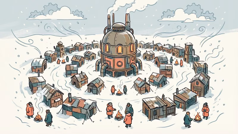 Hand-drawn frozen city with central generator and survival shelters