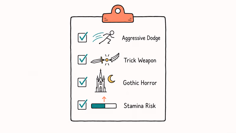 Hand-drawn checklist of four Bloodborne pillars dodge combat trick weapons gothic atmosphere and stamina loop