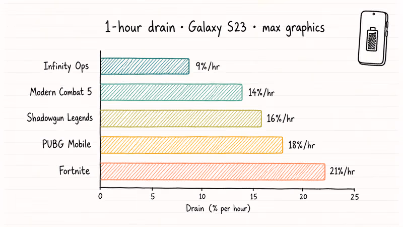 Bar chart comparing one hour battery drain across five mobile shooter games on Galaxy S23