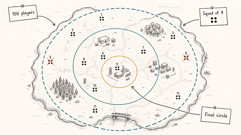Shrinking battle royale circles closing across a hand-drawn island map with squad markers