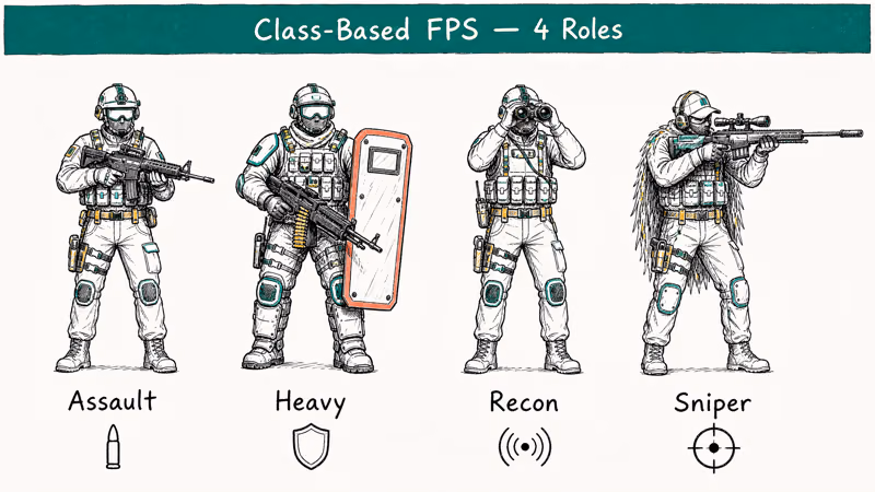 Four mobile FPS class roles assault heavy recon sniper lined up with class icons