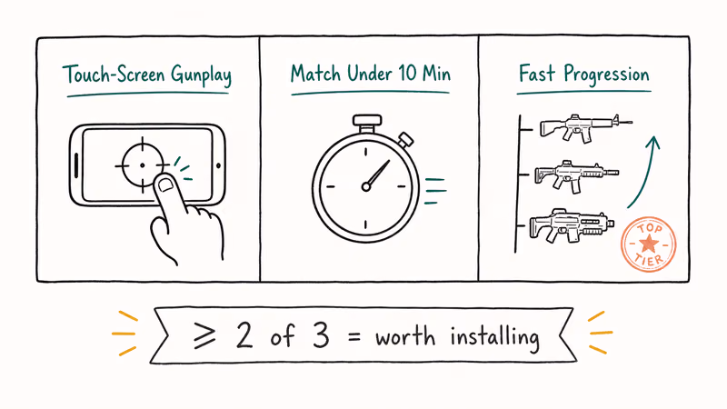 Three pillar framework showing gunplay match length and progression for mobile FPS quality
