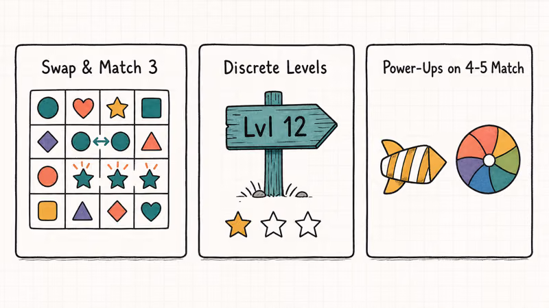 Three hand-drawn cards showing swap-three boards, level signposts, and power-up tiles defining match-three games.