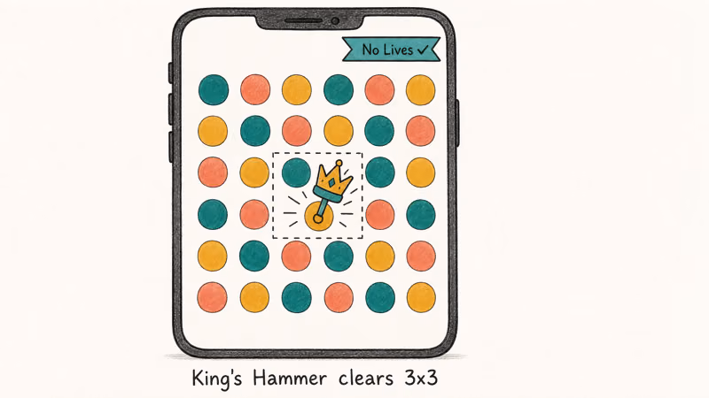 Royal Match grid with hammer power-up clearing a three-by-three area.