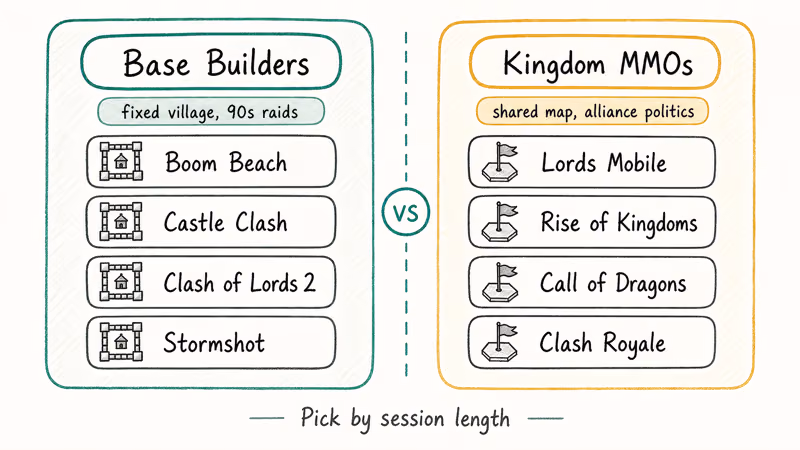 Two-column comparison sorting eight games into base builders versus kingdom MMOs buckets