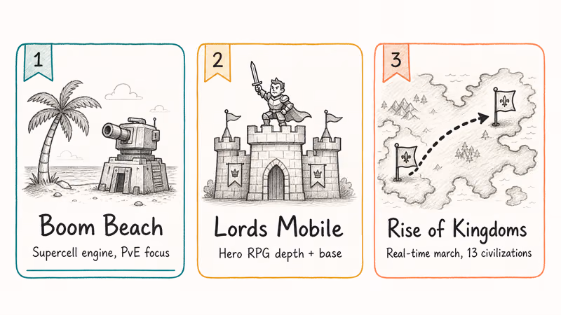 Three cards highlighting Boom Beach Lords Mobile and Rise of Kingdoms