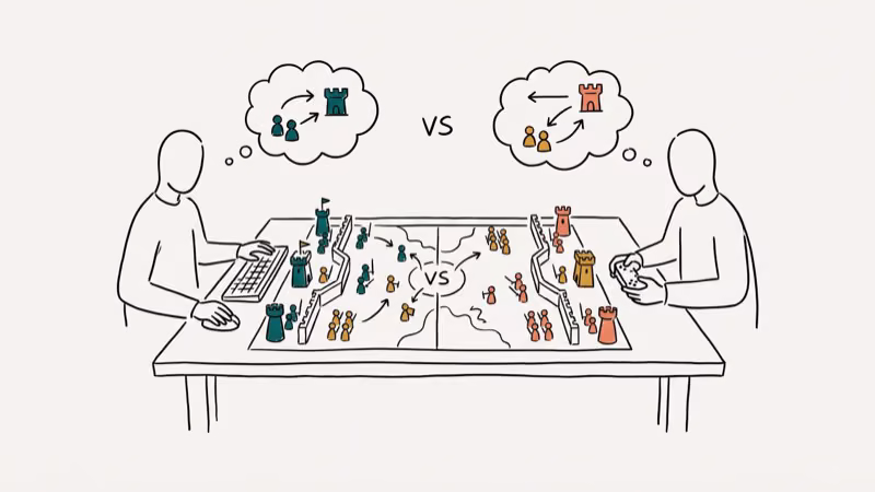 Two players facing each other across a strategic game board with armies