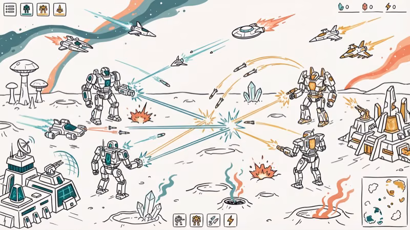 Sci-fi battle with giant robots and spacecraft over alien landscape