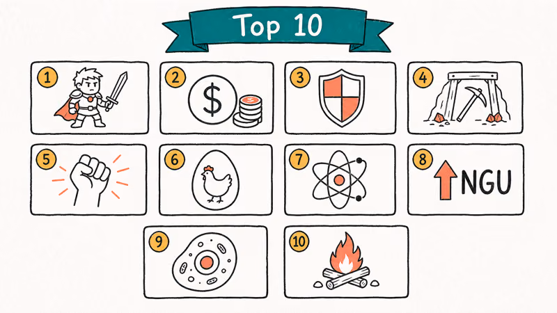 Hand-drawn lineup of ten ranked idle game cards each with simple icons and badges