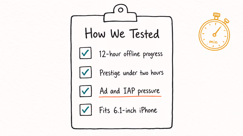 Hand-drawn testing scorecard with four idle game evaluation criteria and stopwatch icon
