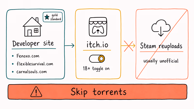 Diagram showing developer site itch.io fallback and Steam reuploads to avoid