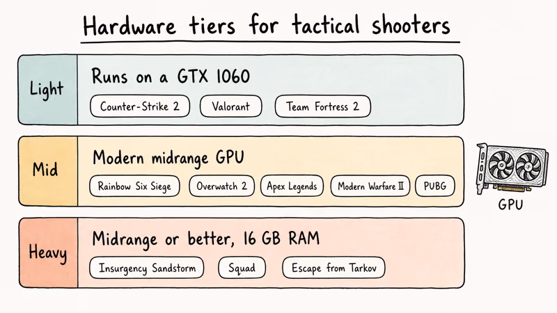 Hardware tier chart sorting twelve tactical shooters from low-spec friendly to demanding modern GPU.