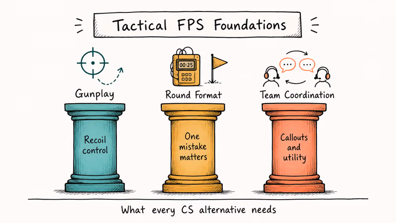 Three-pillar diagram comparing gunplay, round format, and team coordination requirements for tactical shooters.