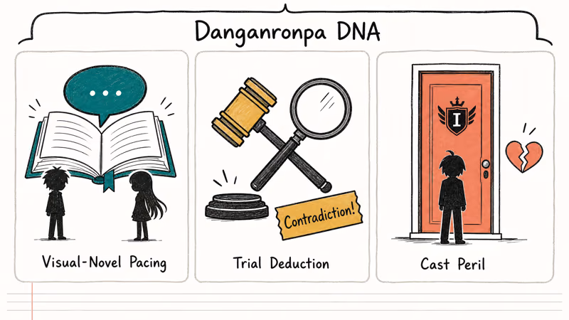 Three hand-drawn pillars labeling visual-novel pacing trial deduction and cast peril as Danganronpa DNA.