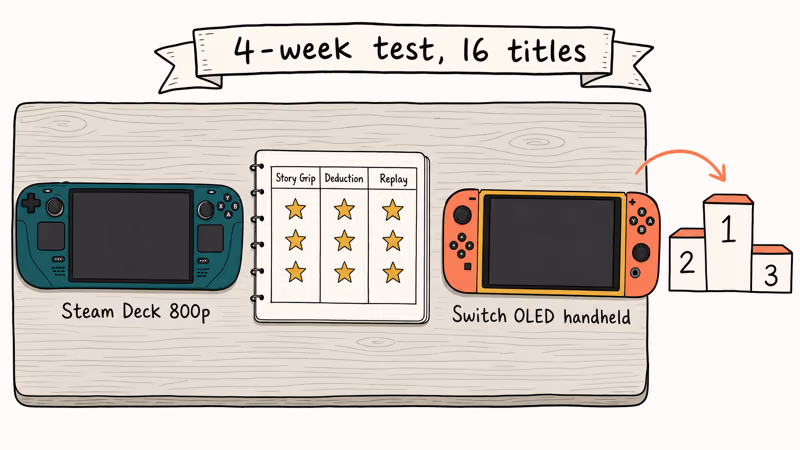 Hand-drawn desk with Steam Deck Switch OLED scoring sheet showing four-week test methodology.