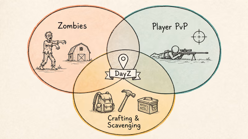 Hand-drawn three-circle diagram showing DayZ at the intersection of zombies, PvP, and scavenging crafting.