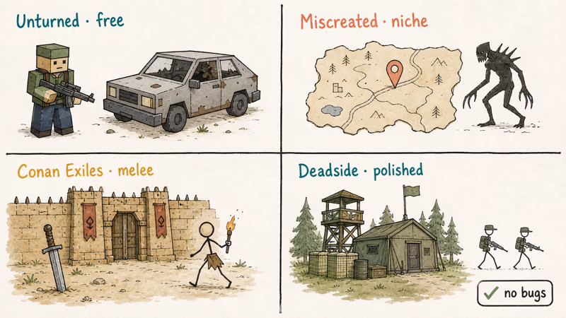 Four hidden survival picks: Unturned car, Miscreated mutant, Conan fortress, Deadside patrol.