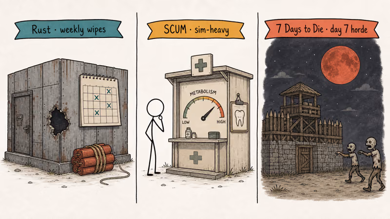 Three PvP-leaning survival vignettes: Rust wipe calendar, SCUM metabolism gauge, and 7 Days horde night.