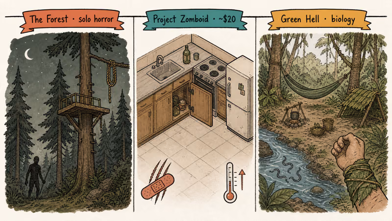 Three single-player survival scenes: Forest cave rope, Project Zomboid scratch wound, Green Hell stream parasites.