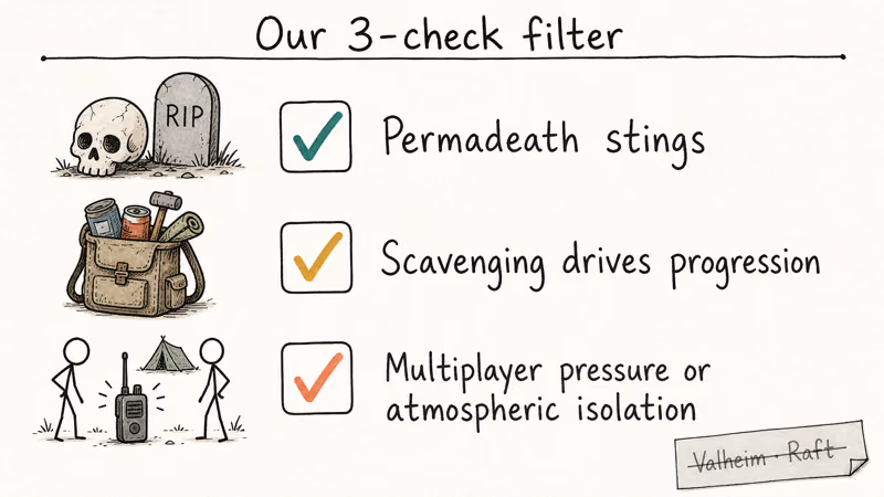 Hand-drawn checklist showing three survival test criteria: permadeath stings, scavenging progression, multiplayer pressure.