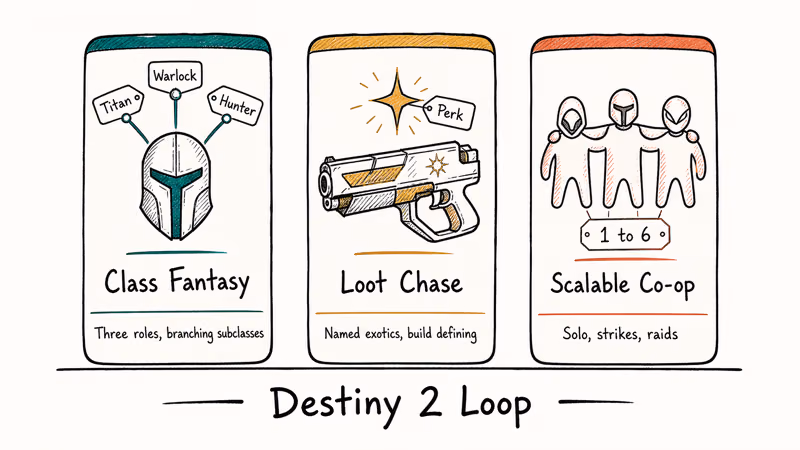 Three-pillar diagram showing class fantasy, loot chase, and scalable co-op as the Destiny 2 formula.