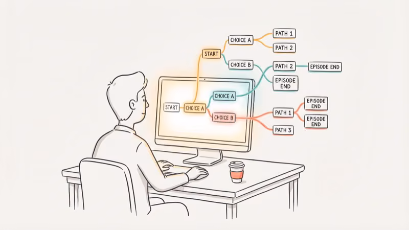Person at a desk with branching dialogue tree on glowing screen