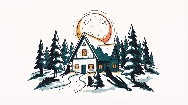 Spooky mountain lodge at night surrounded by dark pine trees and snow