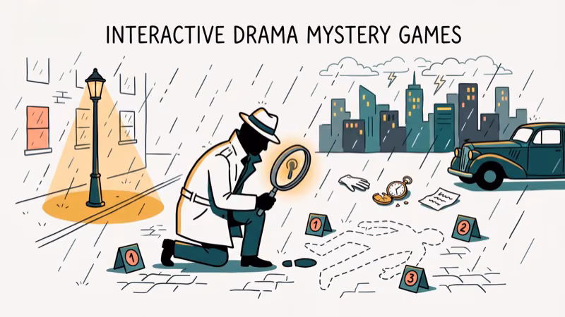 Detective investigating a crime scene in a noir rainy city at night