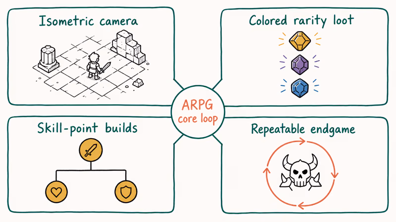 Hand-drawn framework showing four core ARPG traits including isometric camera and loot tiers