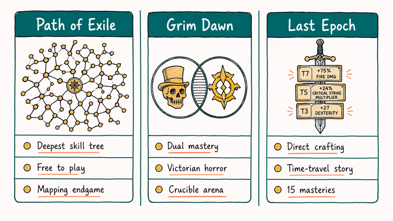 Comparison card of Path of Exile Grim Dawn and Last Epoch build depth and crafting