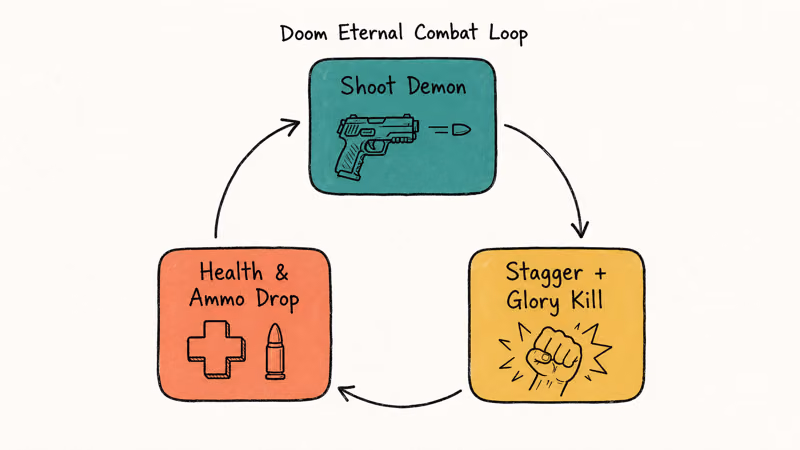 Hand-drawn circular diagram showing the Glory Kill resource loop in Doom Eternal combat