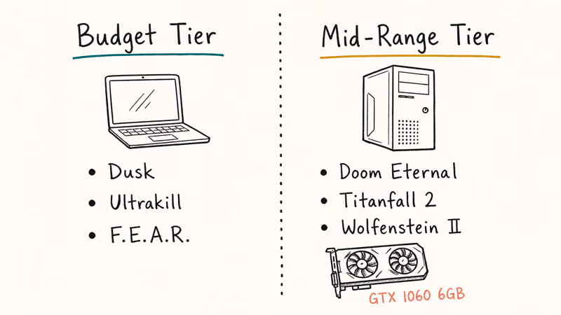 Hand-drawn comparison chart of budget and mid-range hardware tiers for Doom-like shooters