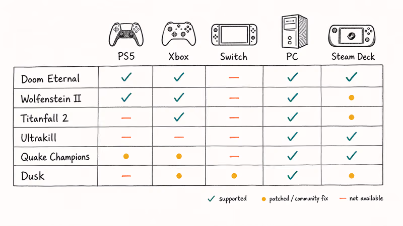 Hand-drawn platform availability matrix showing Doom-like shooters across PlayStation Xbox Switch and PC