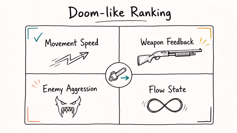 Hand-drawn quadrant diagram showing four ranking criteria for Doom-like first-person shooters