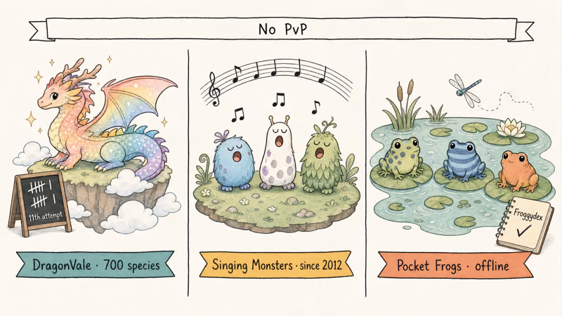 Three relaxed picks: DragonVale rainbow on cloud, singing monster island, Pocket Frogs lily-pad pond.