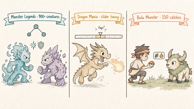 Three combat picks: Monster Legends turn-based duel, Dragon Mania slider attack, Bulu Monster capture scene.