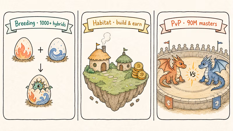 Three Dragon City pillars: breeding combinations grid, habitat island with coins, and PvP arena duel.