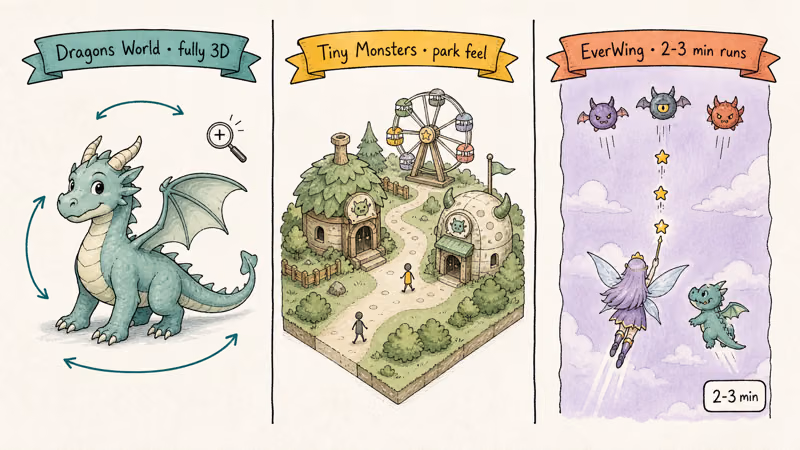 Three format outliers: Dragons World rotating 3D dragon, Tiny Monsters theme park, EverWing arcade run.
