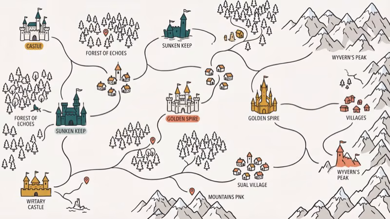Fantasy RPG world map with castles forests mountains and adventure paths