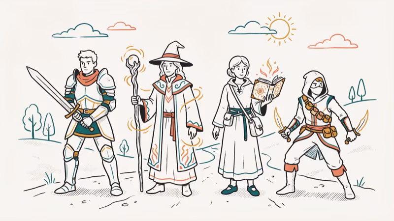 Hand-drawn JRPG party lineup with warrior mage healer and thief characters