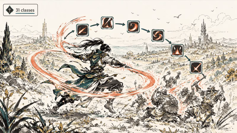 Fantasy warrior mid combo chain fighting enemies in an open world MMO