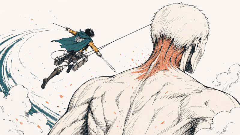 Soldier using ODM grappling gear to strike a towering titan nape
