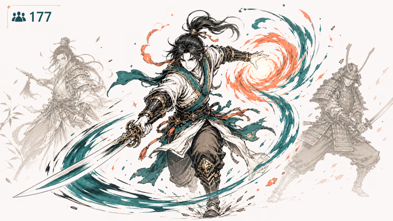 Warrior fusing sword strikes with glowing elemental magic in a crossover battle